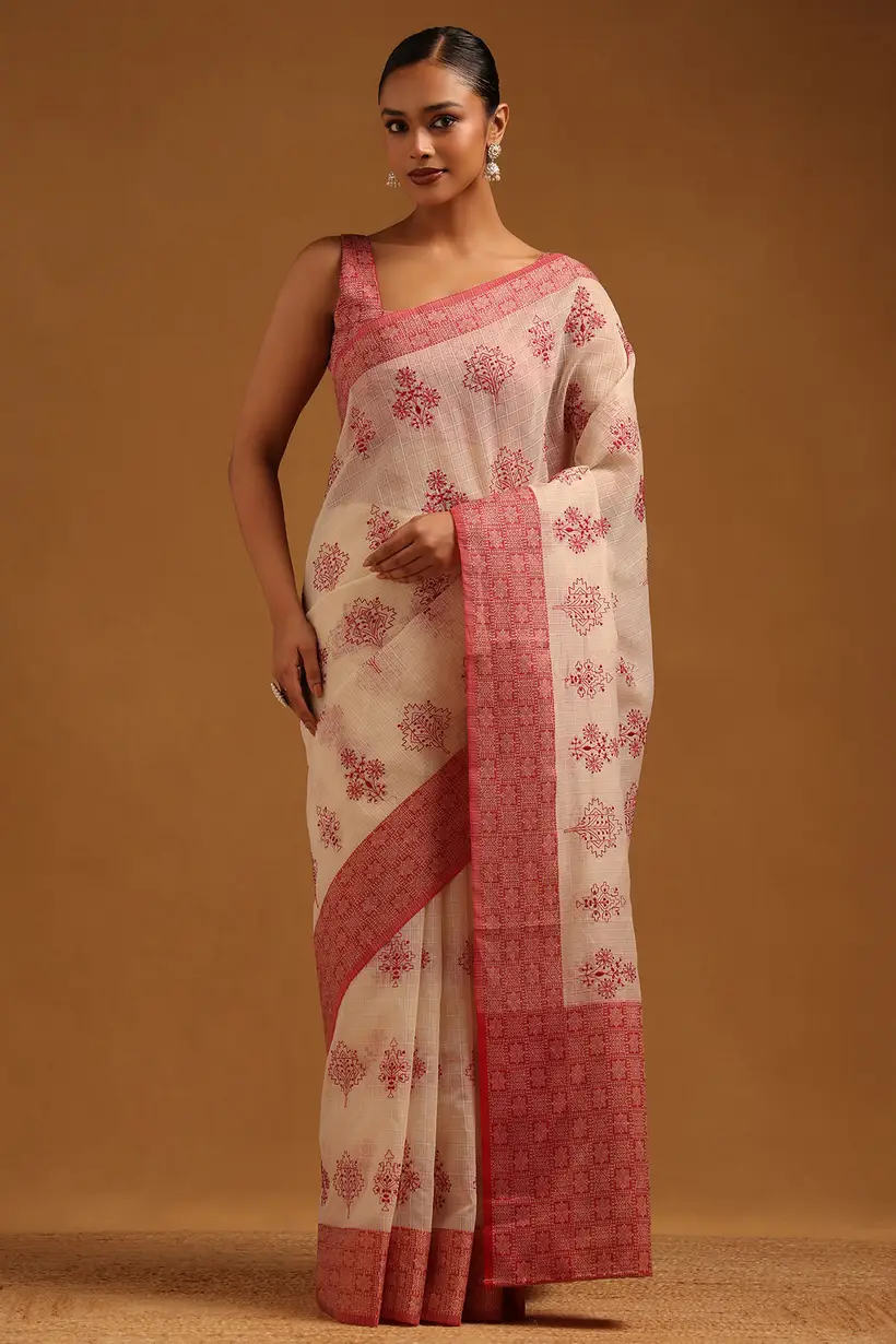 Cream Kota Floral Sarees With Hand Embroidery Work